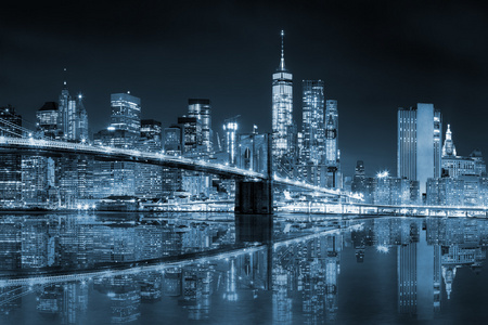 纽约曼哈顿与布鲁克林桥，蓝色色调