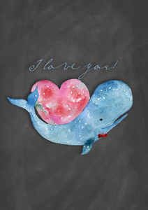 蓝鲸的心。水彩画。情人节那天。明信片