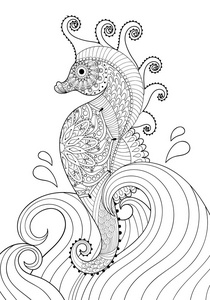 手工绘制的艺术海马，波浪为成人着色页面
