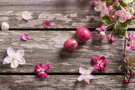复活节彩蛋木制背景苹果花