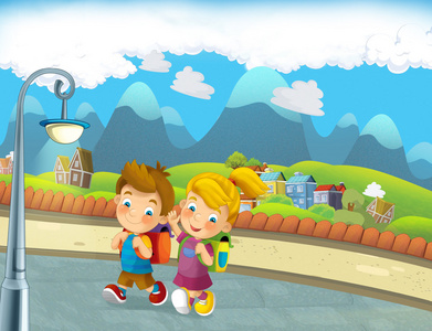 走在街上的儿童卡通场景照片