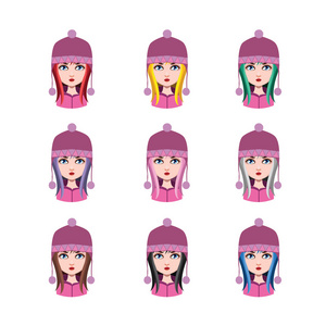戴冬帽的女孩9种不同的头发颜色平色