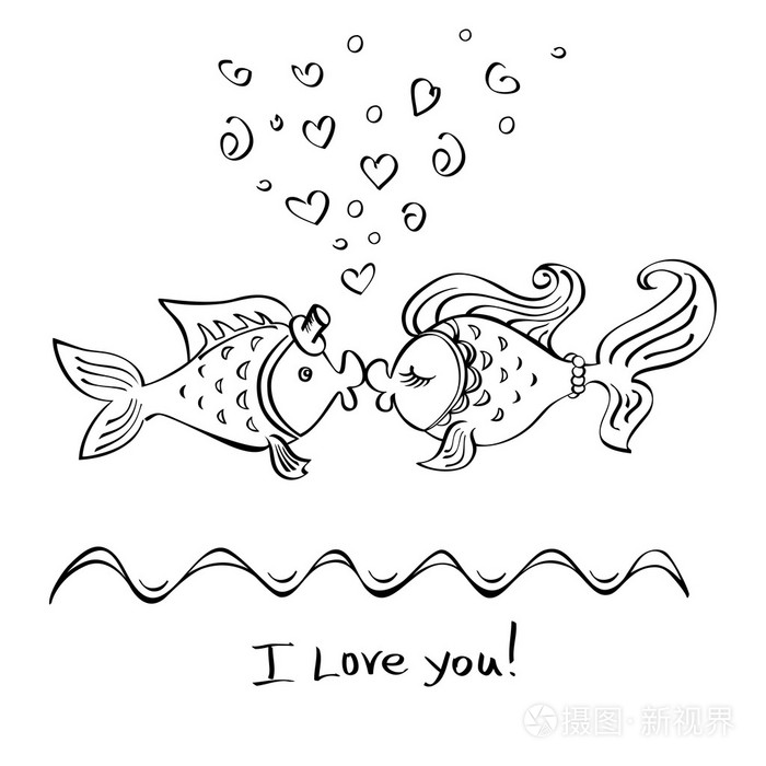 两条鱼,绘图的吻插画-正版商用图片1lghwd-摄图新视界