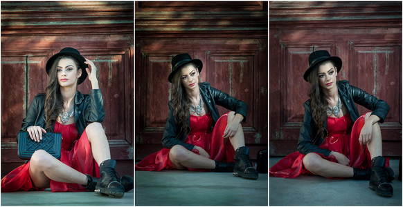 年轻美丽的黑发女人与红色短裙和黑色帽子构成感官在老式的风景。浪漫神秘的年轻女士，放松坐在老式的木墙上的地板上