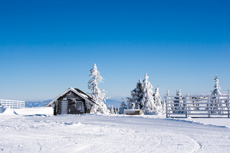 与高山小木屋，白色松树，栅栏 雪场，山度假农村冬天背景