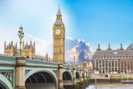 大本钟与威斯敏斯特桥和欧盟客厅在伦敦。