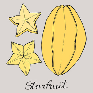 明星水果涂鸦杨桃果实或者杨桃.手绘卡通水果.涂鸦画照片