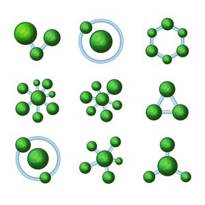 白色背景上的抽象的绿色分子图标集。矢量
