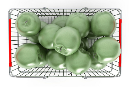 超市购物篮装满了绿苹果