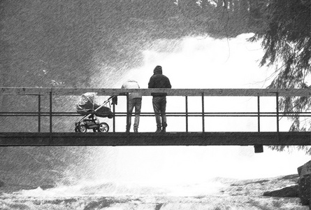 与上述混乱的水桥上婴儿的人.小天桥下面的大流.对洪水的恐惧照片