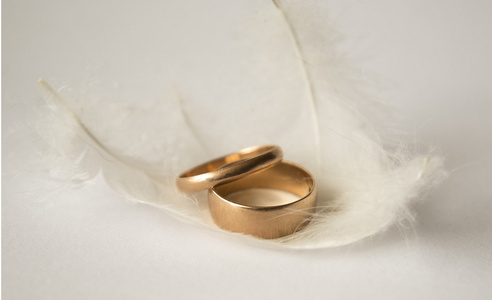 金色结婚戒指在羽毛在白色背景