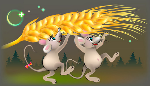 两只老鼠,晚上偷东西麦穗的插图照片