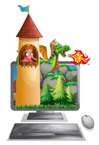 电脑屏幕与塔上的公主