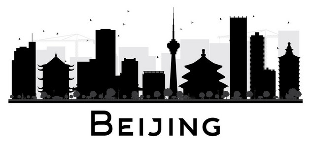 北京城市天际线黑白轮廓。