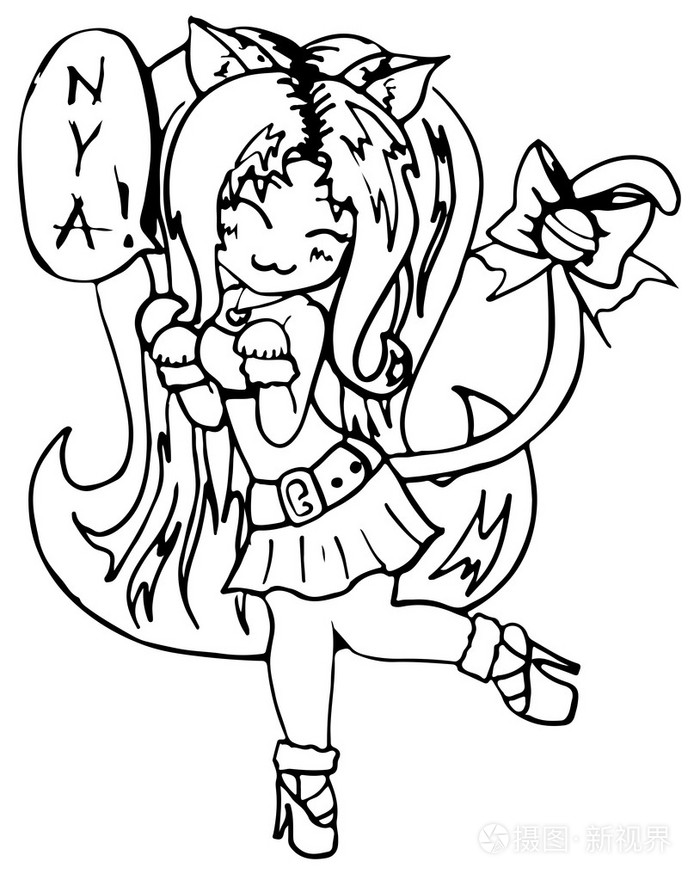 孤立的单色猫女孩动漫漫画卡哇伊卡通矢量