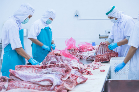 切割肉类屠宰工人在工厂里照片