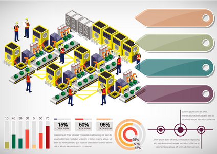 信息图形工厂设备概念等距的 3d 图形中的插图
