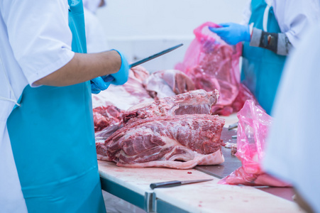 在工厂里切割肉类屠宰工人在工厂里肉类工厂的洗手盆屠宰场肉类加工厂