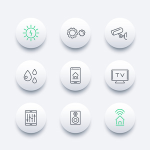 智能房子线图标 智能电子 互联网的事圆现代图标集，矢量图
