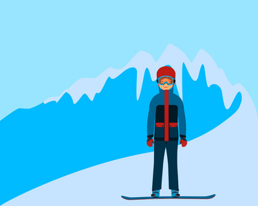 男子滑雪板的冬天山背景上。矢量图