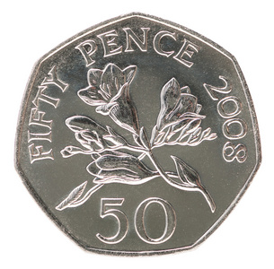 50 便士硬币两个 1 英镑硬币废弃的房子十英国便士硬币 (2008) 被隔绝