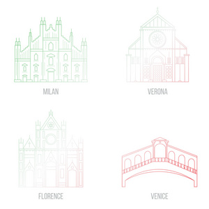 意大利在矢量地标的集合。在米兰，教会圣十字教堂，在威尼斯，大教堂圣泽诺马焦雷的里亚托桥的大教堂大教堂。线条样式。明信片的完美图标