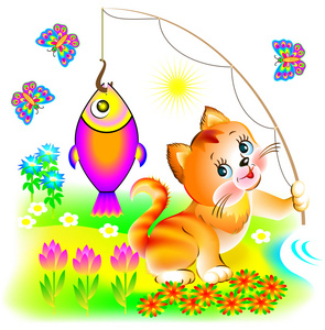 有钓到了鱼的快乐猫的插图