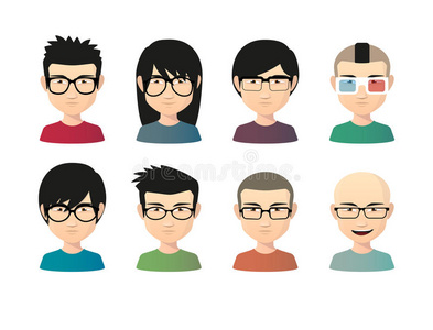 一组亚洲男性化身，发型各异，戴着玻璃