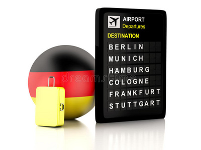 白色背景的3d德国机场登机牌和旅行箱