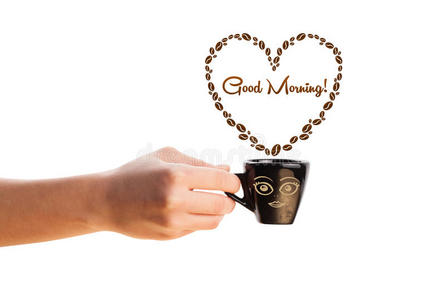 咖啡杯，咖啡豆形心形，早上好