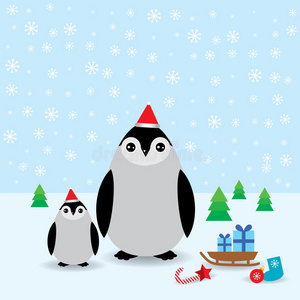 圣诞节冬天，戴着红帽子的滑稽企鹅