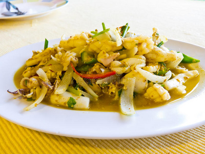 泰国 美味的 蔬菜 鱿鱼 食物 饮食 泰语 盘子 吃饭 辣椒
