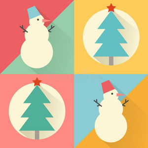 新年快乐图标集平面设计圣诞树和雪人图案。