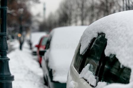 暴风雪过后汽车被雪覆盖