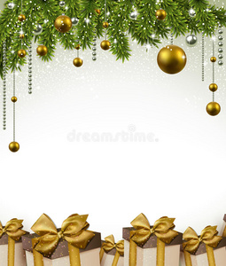 圣诞框架冷杉树枝和球。