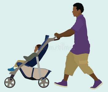 黑人父亲推着婴儿车