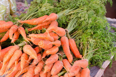 在当地农贸市场出售的新鲜胡萝卜。