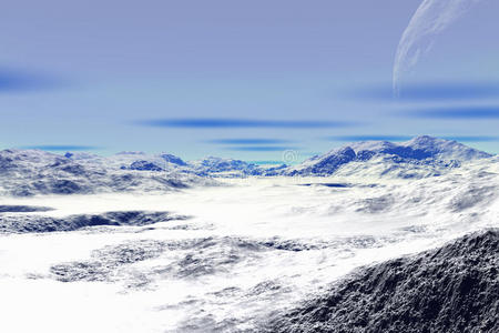 3d渲染的幻想外星行星。岩石与湖泊