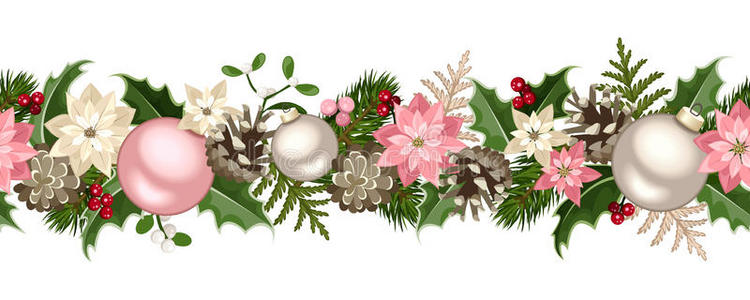 圣诞无缝花环冷杉树枝，粉红色和银色球，冬青，一品红，圆锥形和槲寄生。矢量图。