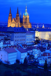 捷克共和国布拉格市的夜冬哥特式城堡