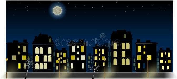 夜空月亮夜市全景图