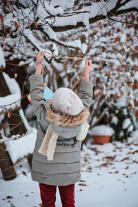 冬天雪地花园里，一个小女孩把喂鸟器挂在树上
