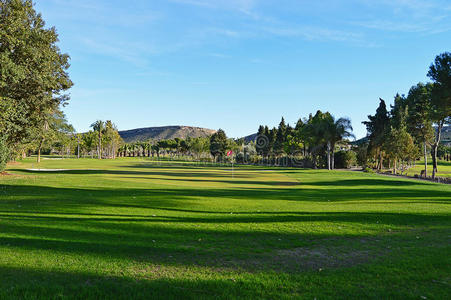 高尔夫球场,一个郁郁葱葱的高尔夫俱乐部的球道照片