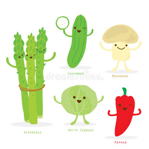 蔬菜卡通可爱集芦笋黄瓜辣椒卷心菜蘑菇载体