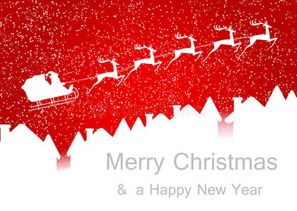 圣诞老人雪橇在城市上空飞过