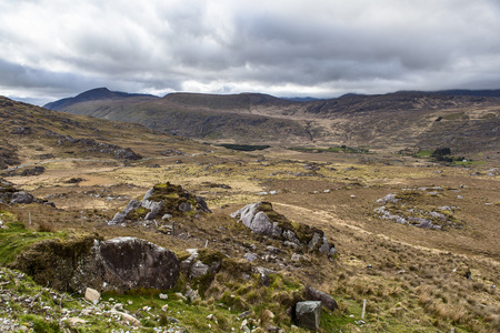景观与道在爱尔兰，在背景中的山