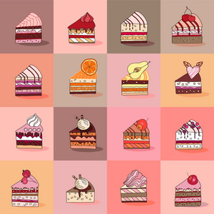 与不同种类的蛋糕片的无缝模式。加糖的甜点，各种滋味。餐厅设计 海报 公告 咖啡馆菜单等