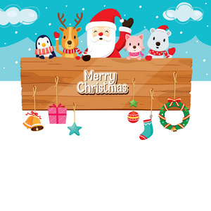 圣诞老人，动物和装饰品与木横幅