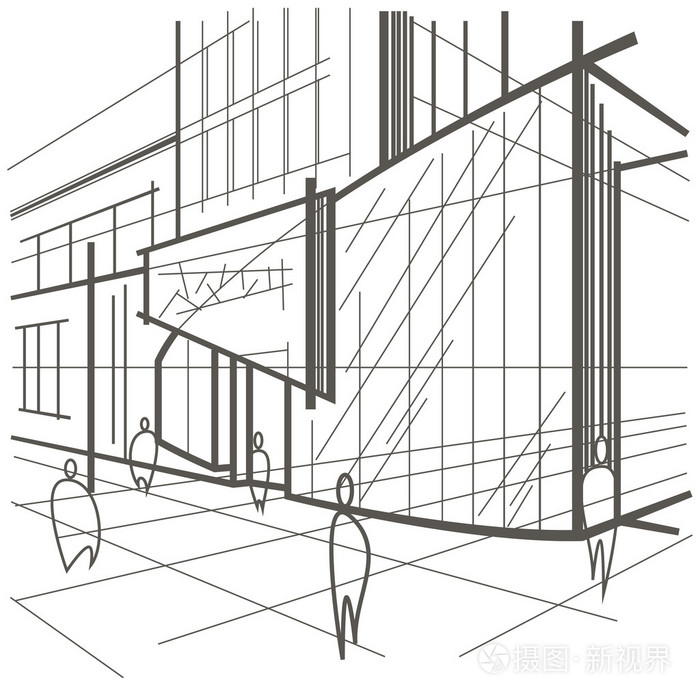 建筑的线性素描现代建筑,街道上的白色背景的片段