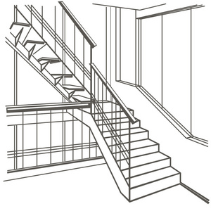 白色背景上的线性建筑素描室内楼梯